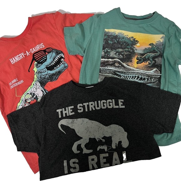 Old Navy Boys Dinosaur T-Shirt Bundle 3 Pack Lot Size M Gray Red Green Cotton - Picture 1 of 13